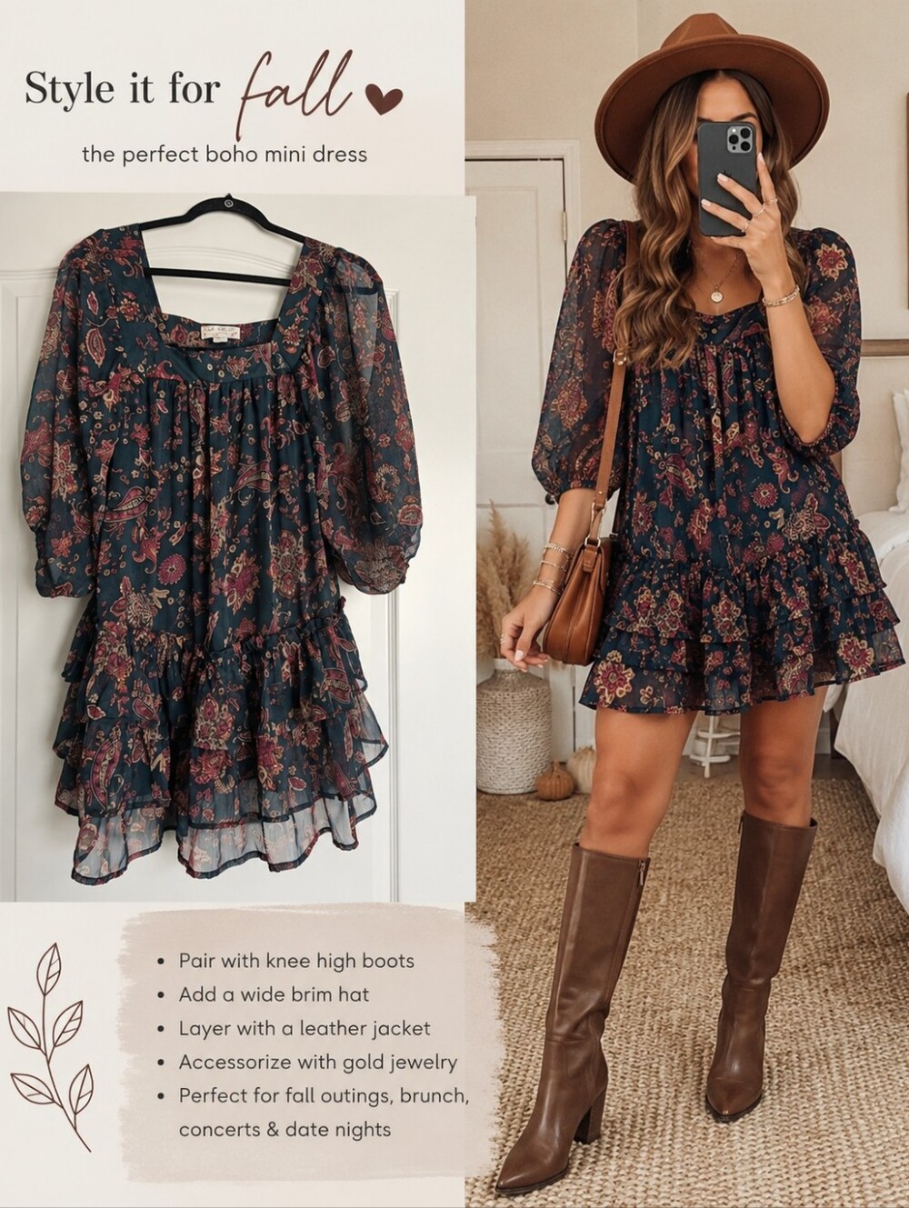 Band of the Free Paisley Boho Mini Dress XS Teal Fall Puff Sleeve